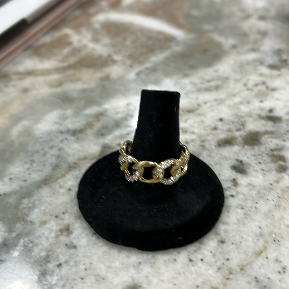 14K Gold Clad Over 925 Sterling Silver Chain Link Ring W/ CZ stones Size 8